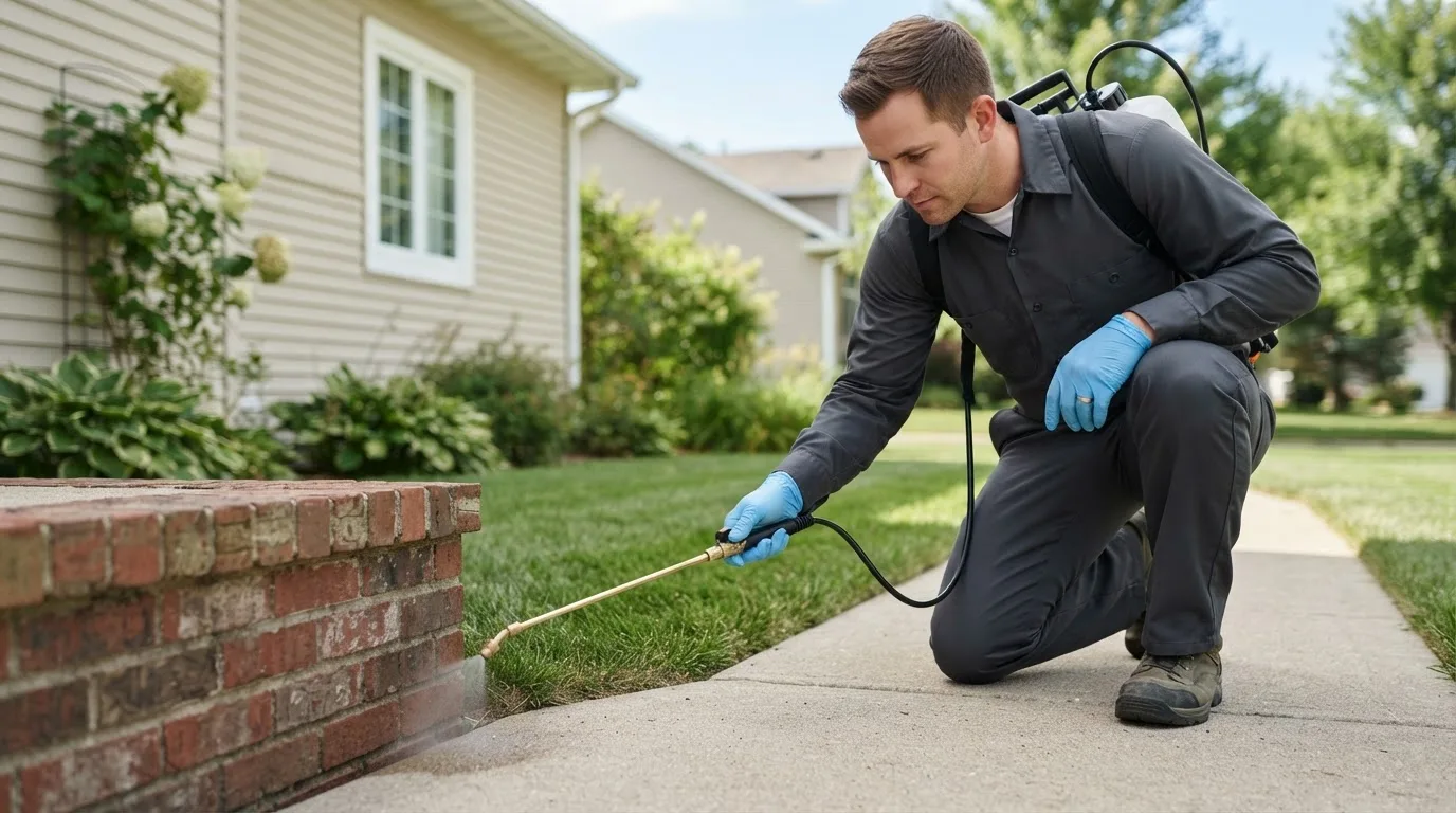Pest control technician treating a home near Menahga, MN